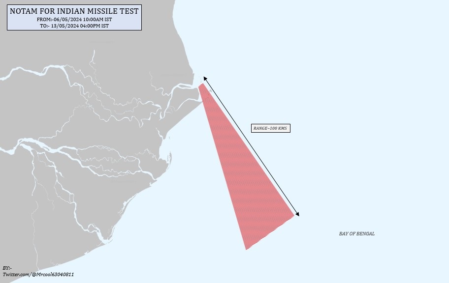 India Issues NOTAM for Missile Test in Bay of Bengal Between May 6th-13th
