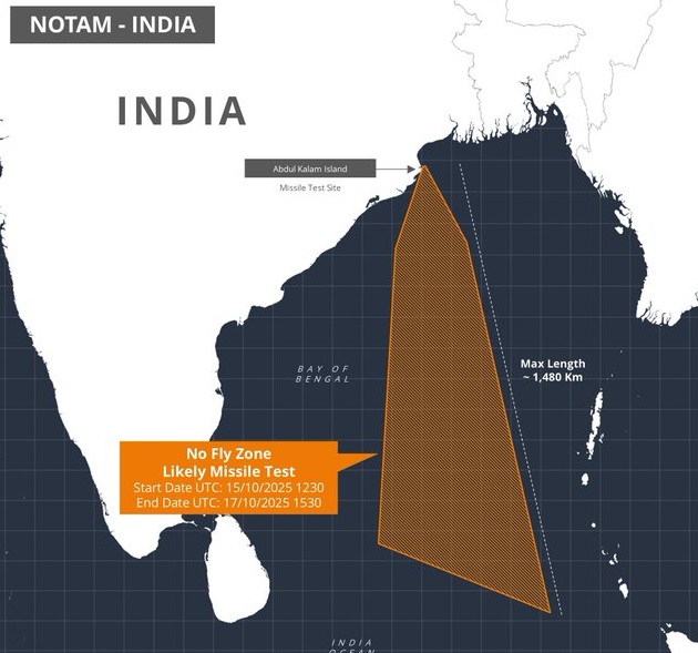 India Issues NOTAM Warning of 1,480 km for Missile Test in Bay of Bengal Between October 15–17
