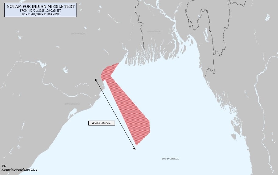 India Issues 365 Km NOTAM for Late January 2025 Missile Test