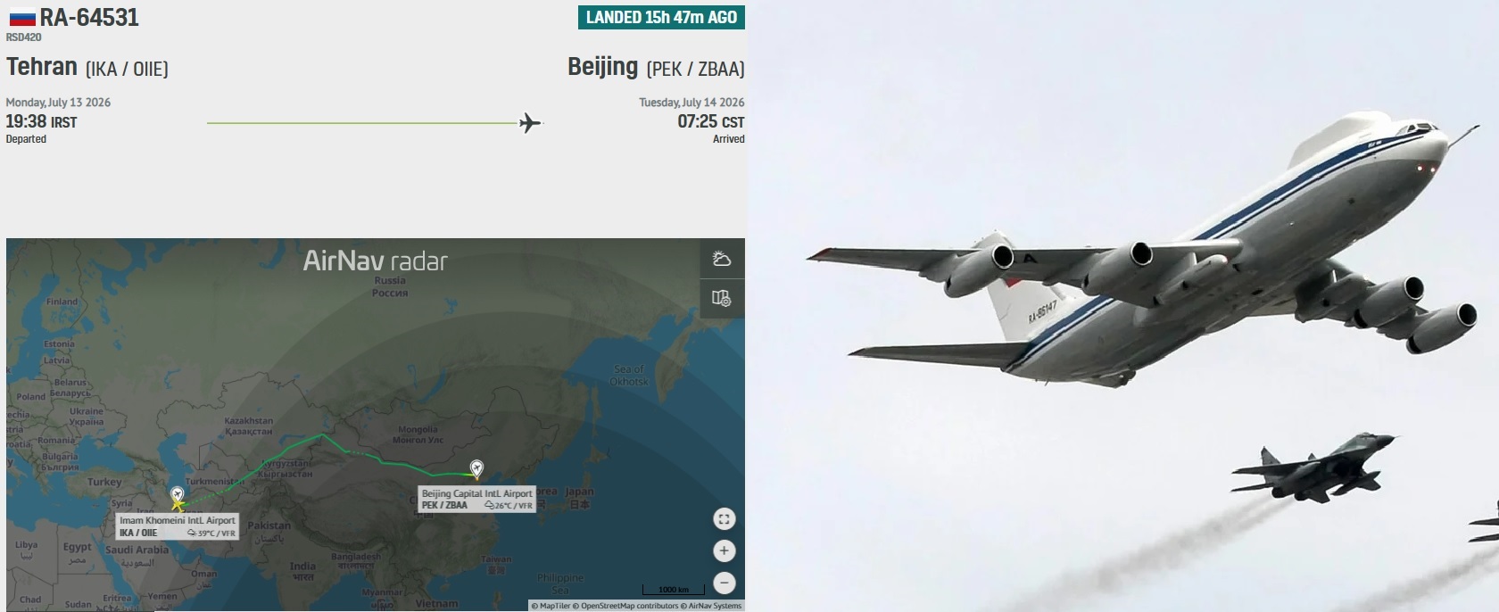 Russian &lsquo;Doomsday&rsquo; Plane Visits Tehran Before U.S. Strikes on Iran, Flies to Beijing After 12-Hour Stop