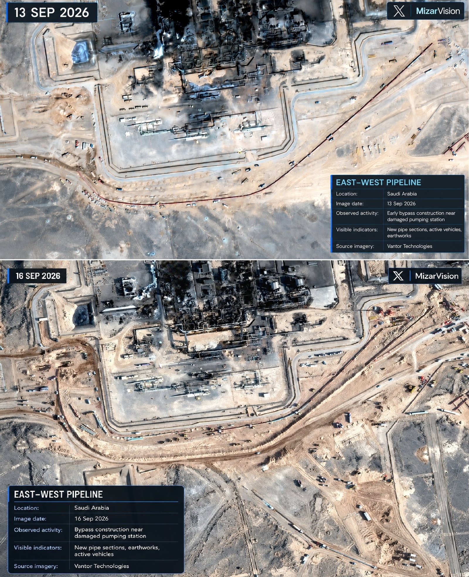 Satellite Images Show Saudi Arabia Building Emergency Bypass Around Damaged East-West Oil Pipeline Station