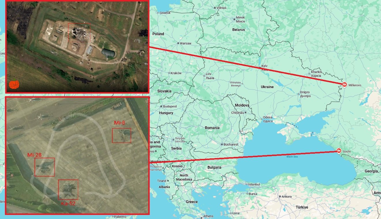 Two Separate Satellite Images Confirm Ukrainian Drone Damage at Russia&rsquo;s Millerovo Airbase and Helicopter Losses at Sochi Airport