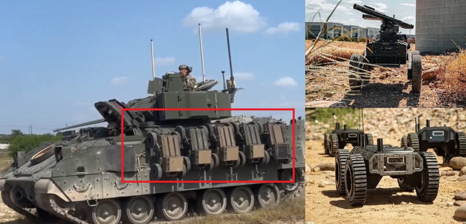 U.S. Army 1st Cavalry Division Bradley Spotted Carrying Swarmbotics AI FireAnt UGVs During Pegasus Charge Exercise