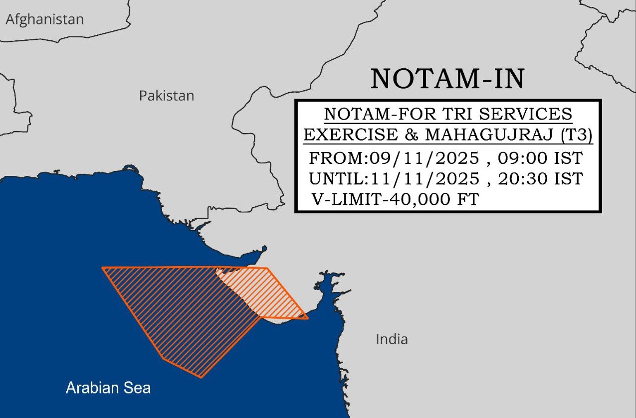 India Issues NOTAM for Tri-Services Exercise ‘Mahagujraj’ Near Pakistan Border from 9 to 11 November