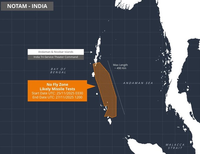 India Issues 490 Km Long No-Fly Zone Near Andaman & Nicobar Islands form 25–27 November 2025