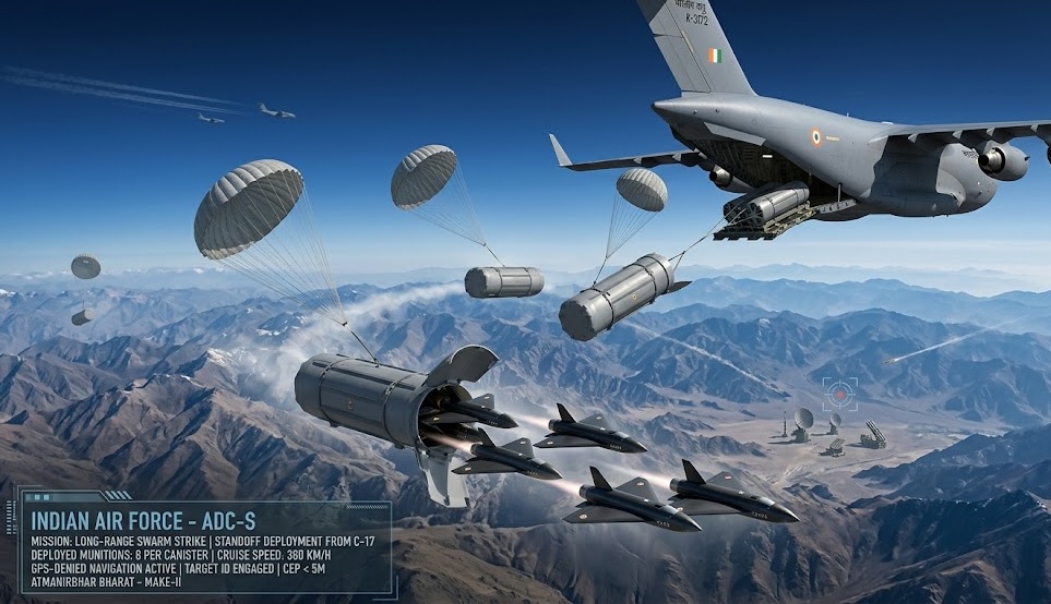 IAF Launches Indigenous Air-Dropped Swarm Strike System Deployable from C-17, C-130J, and C-295 Under Make-II Program