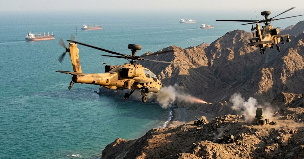 U.S. AH-64 Apache HelicoptersUse Fire-and-Forget Missiles to Target Iranian Air Defenses in Strait of Hormuz Region