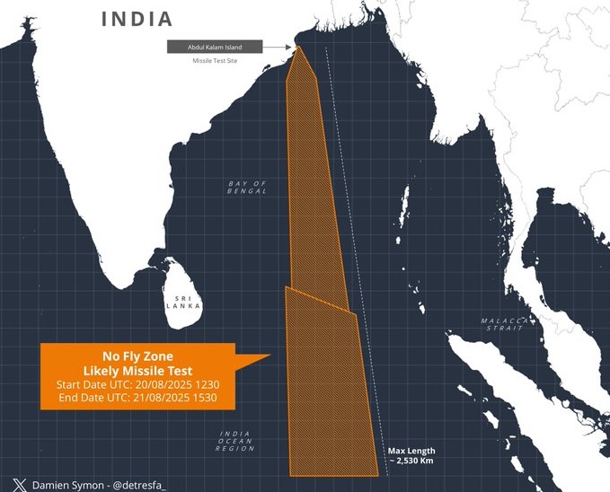 India Expands NOTAM Missile Test to Over 2,500 km in Bay of Bengal