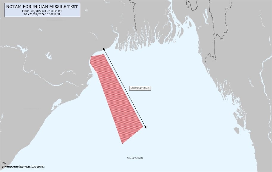 India Issues NOTAM Over Bay of Bengal for August 22-23, Indicating Possible Missile Test